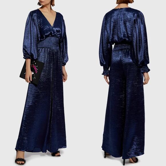 Caroline Constas V Neck Smocked Waist Wide Leg Satin Navy Blue Jumpsuit Small - Picture 3 of 8